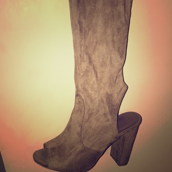Taupe Peep Toe Thigh High Boots - Picture 1 of 3